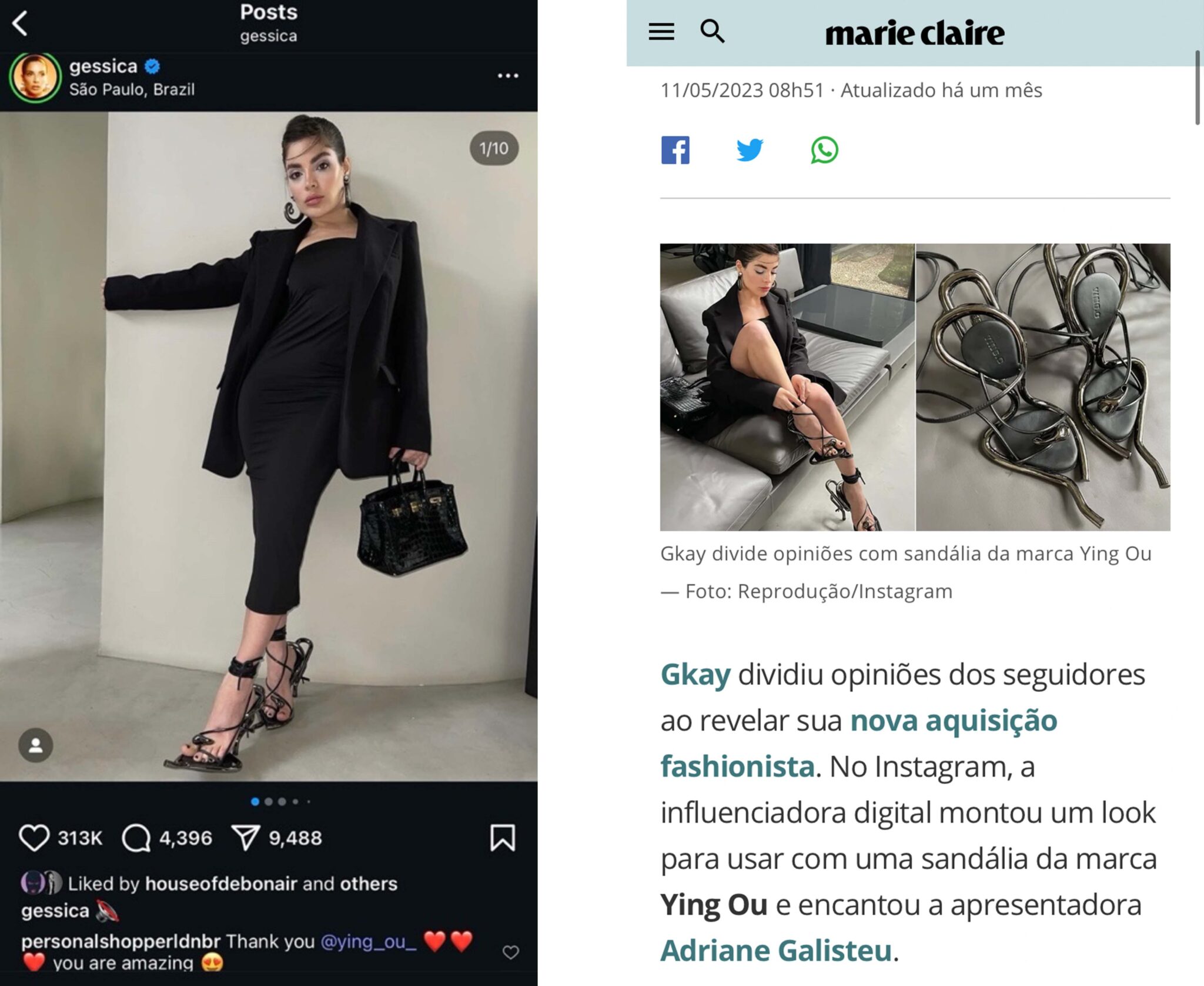 Gkay caused a stir online wearing Ying Ou "Surrounded" metallic Sandals. Photo : marie Claire Instagram